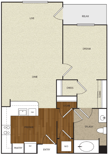 Floor plan for 1 bed, 1 bath, 686 sqft